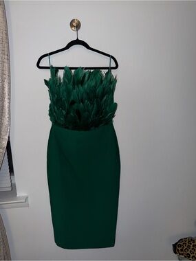 Fashion Nova Emerald Green Feather-Trim Midi Dress